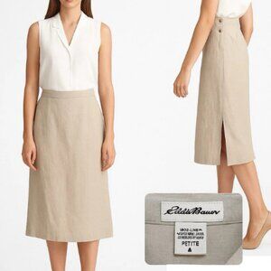 Eddie Bauer 100% Linen Skirt Petite 4 Natural Beige Side Buttons & Slit Midi